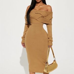Fashion Nova Tan Off-Shoulder Long Sleeve Dress